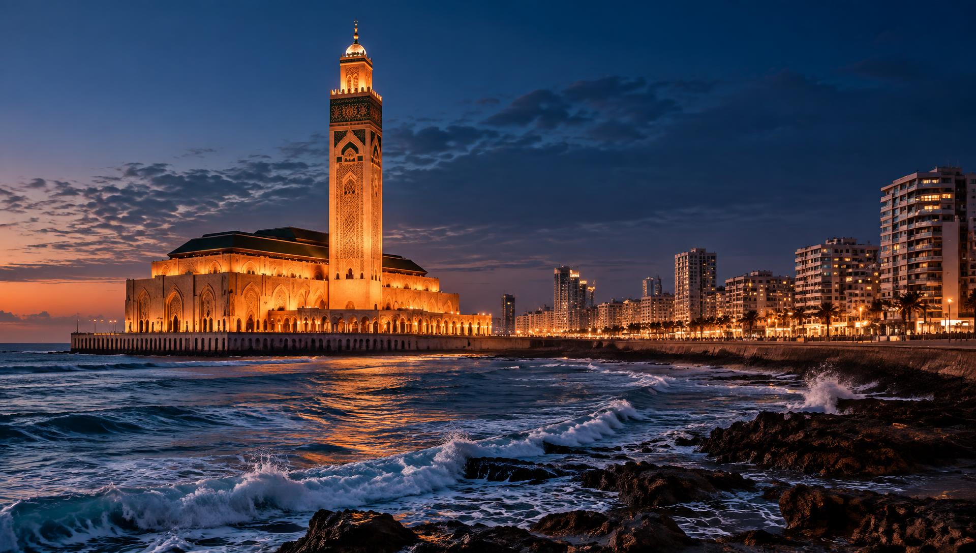 Architecture marocaine au crépuscule sur la côte de Casablanca
